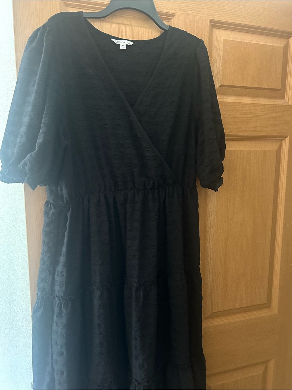 Ophelia Roe Black Wrap V-Neck Tiered Puff Sleeve Midi Dress